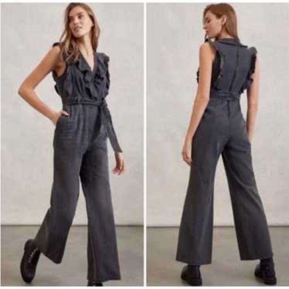 Anthropologie Mare Mare Women Large Black Denim Ruffle Belted Wide Leg Jumpsuit